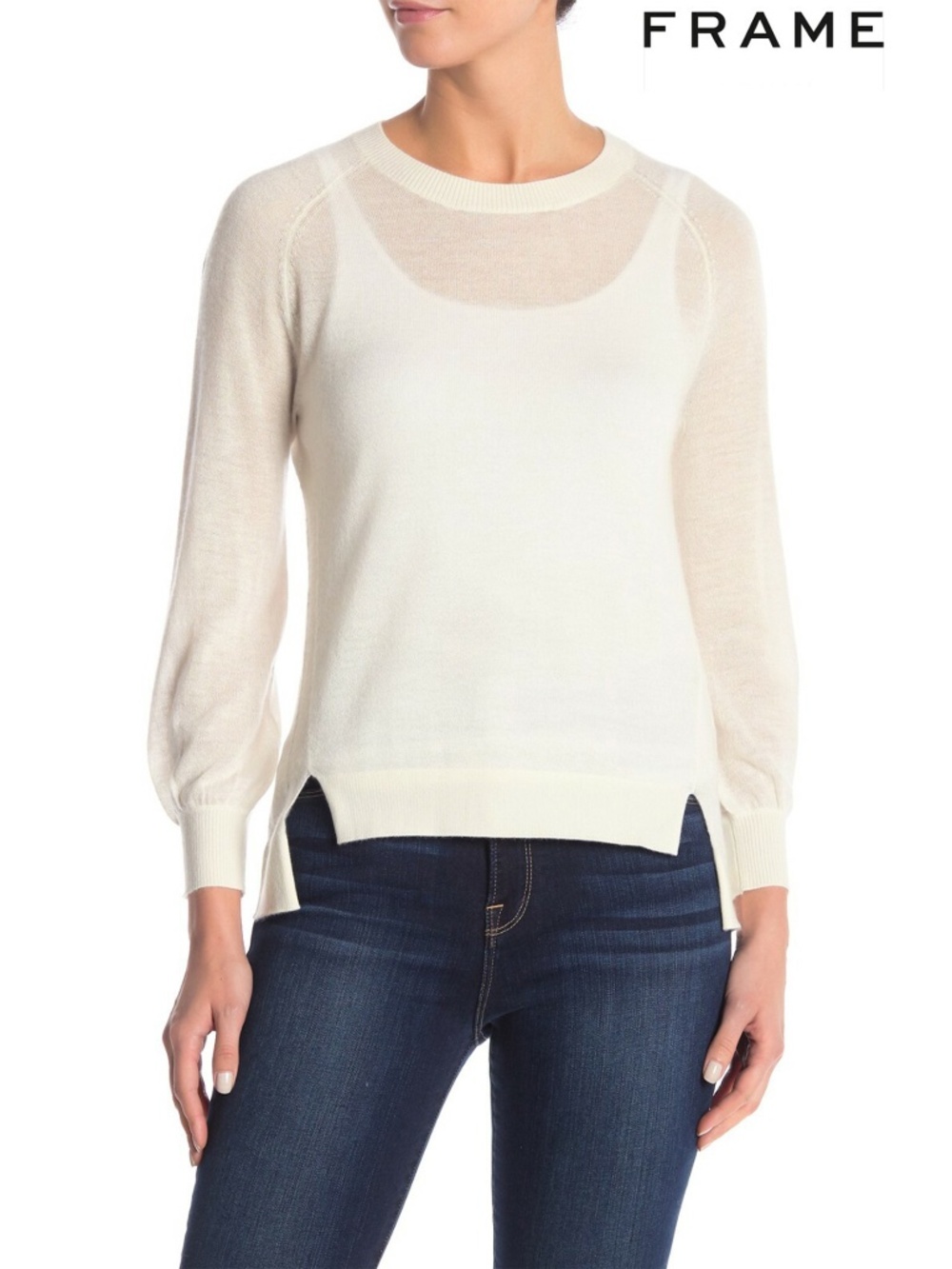 FRAME NWT 100% CASHMERE CREW NECK HIGH/LOW OFF WHITE SWEATER. SIZE M